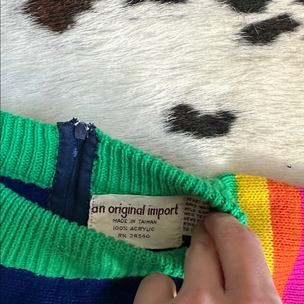 Vintage Colorful Blue Green Yellow Pink Striped Knit Sweater Top - Picture 2 of 7